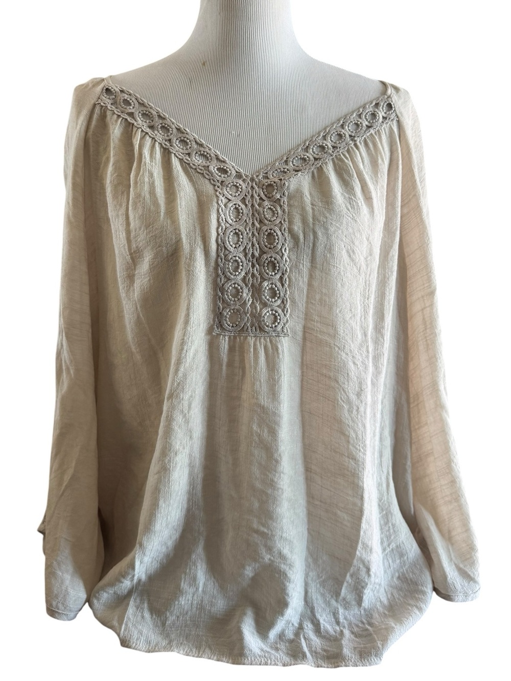 NWT Zac & Rachel Cream Crochet-Trim V-Neck Boho Tunic Size L